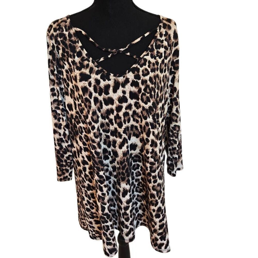 Lovely J Womens Leopard Print Criss-Cross Tunic Blouse Black Brown Plus Size 1X
